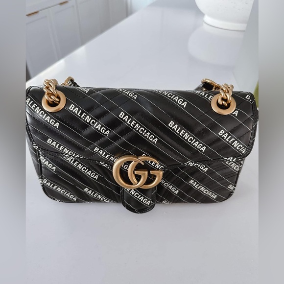 AUTHENTIC GUCCI X BALENCIAGA Calfskin Matelasse Logo Print Small GG Marmont Bag - Picture 1 of 7